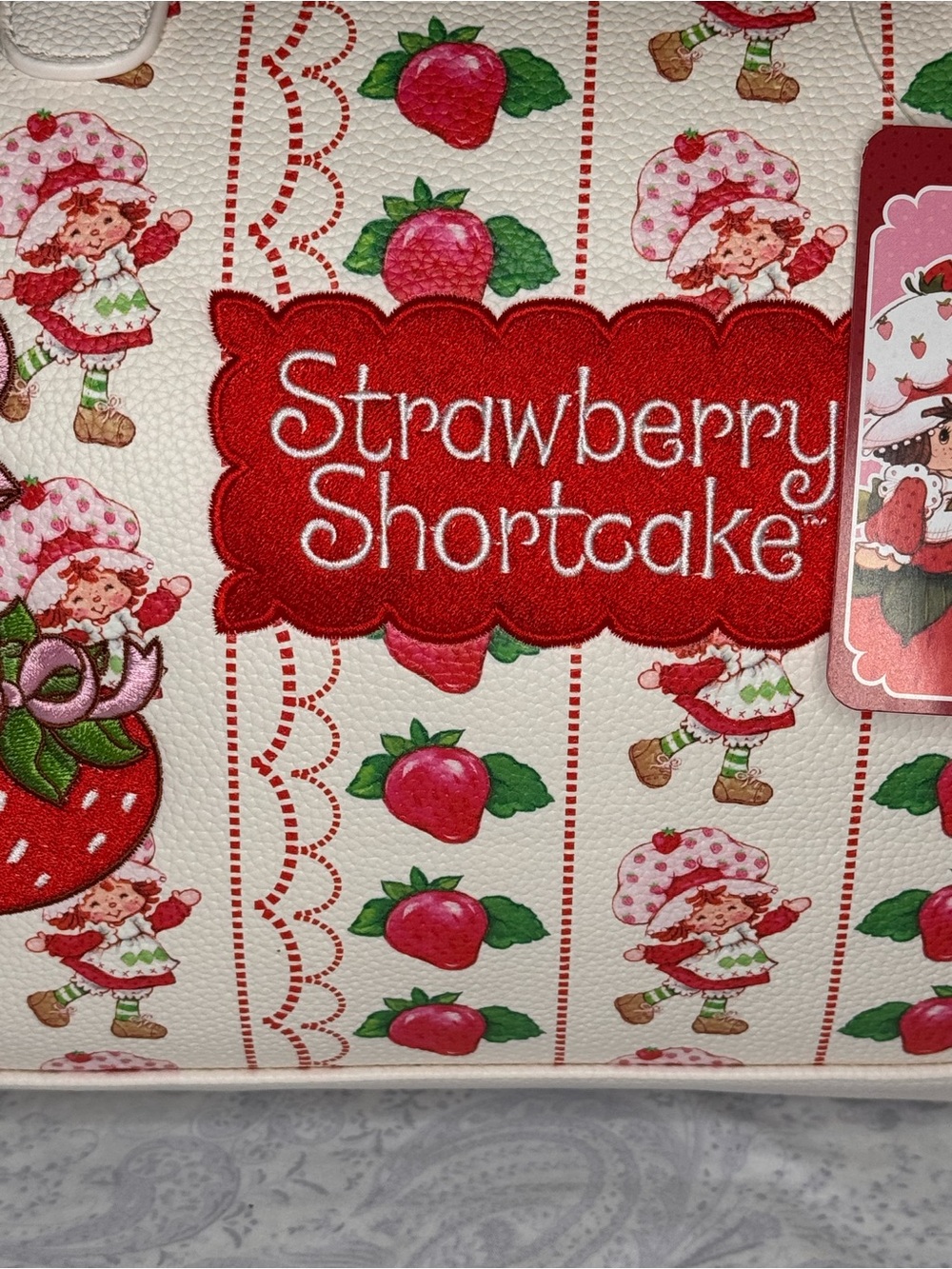 Strawberry Shortcake Pebbled Faux Leather Embroidered Red & Cream Large Duffle - Picture 4 of 14